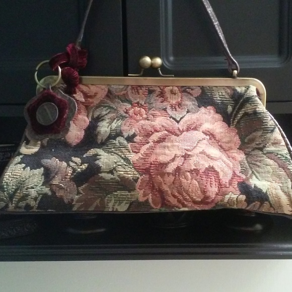 Boden Handbags - Vintage 50's Maroon Leather Floral Woven Tapestry